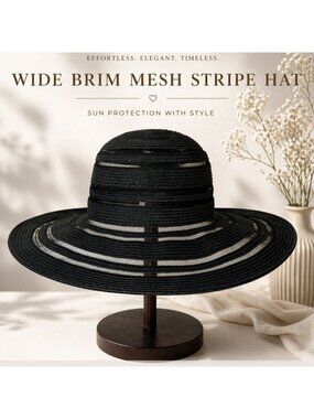Black Wide Brim Sun Hat Mesh Stripe Lightweight Beach Travel Euro Summer Resort